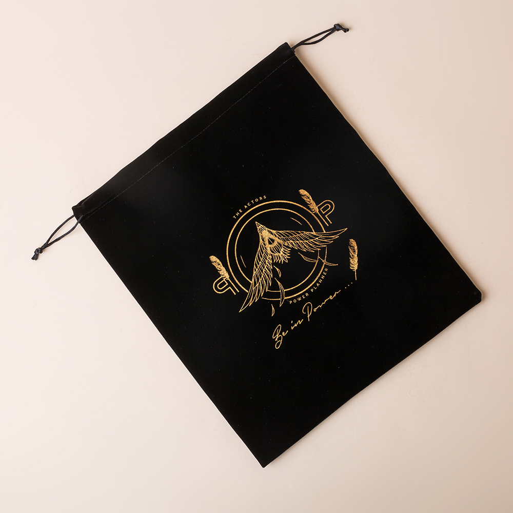 Gold Foiled Logo Black Velvet Drawstring Bags