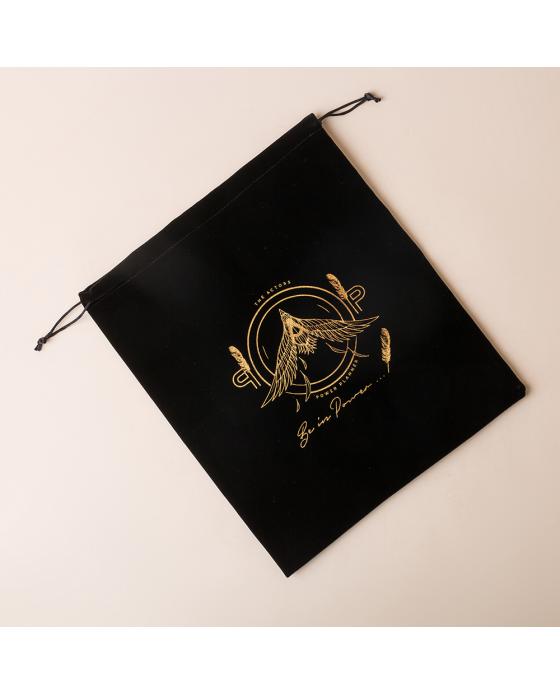 Gold Foiled Logo Black Velvet Drawstring Bags